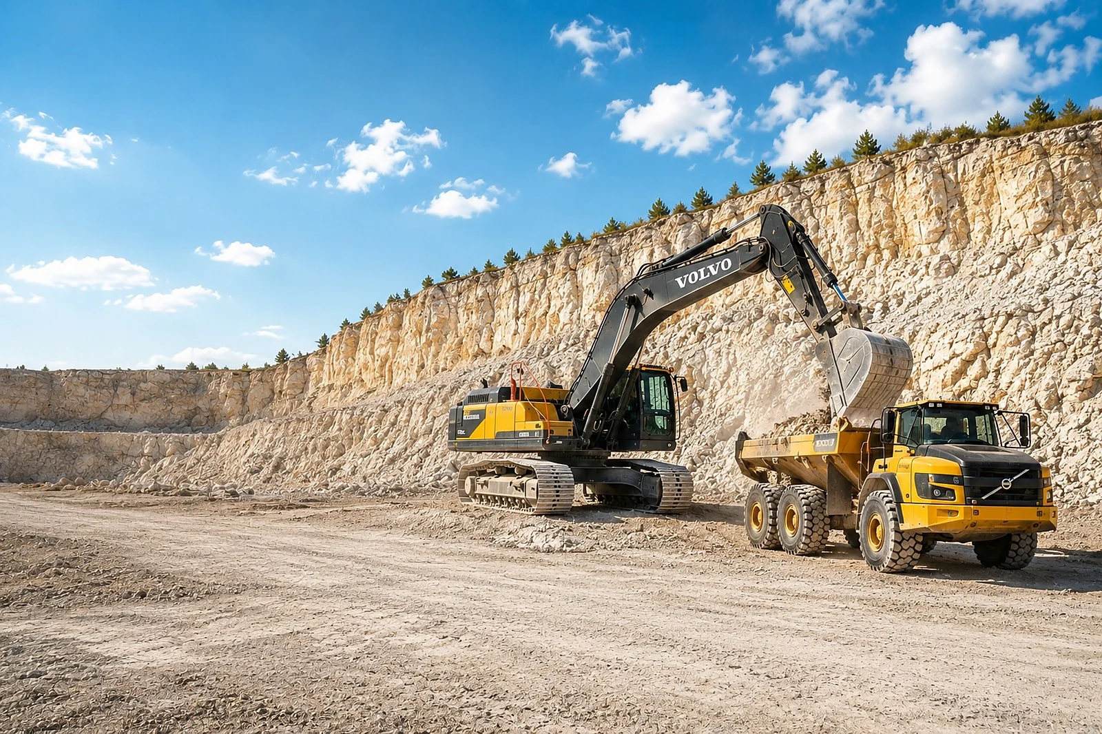 Excavator încărcând calcar extras în cariera Cobani